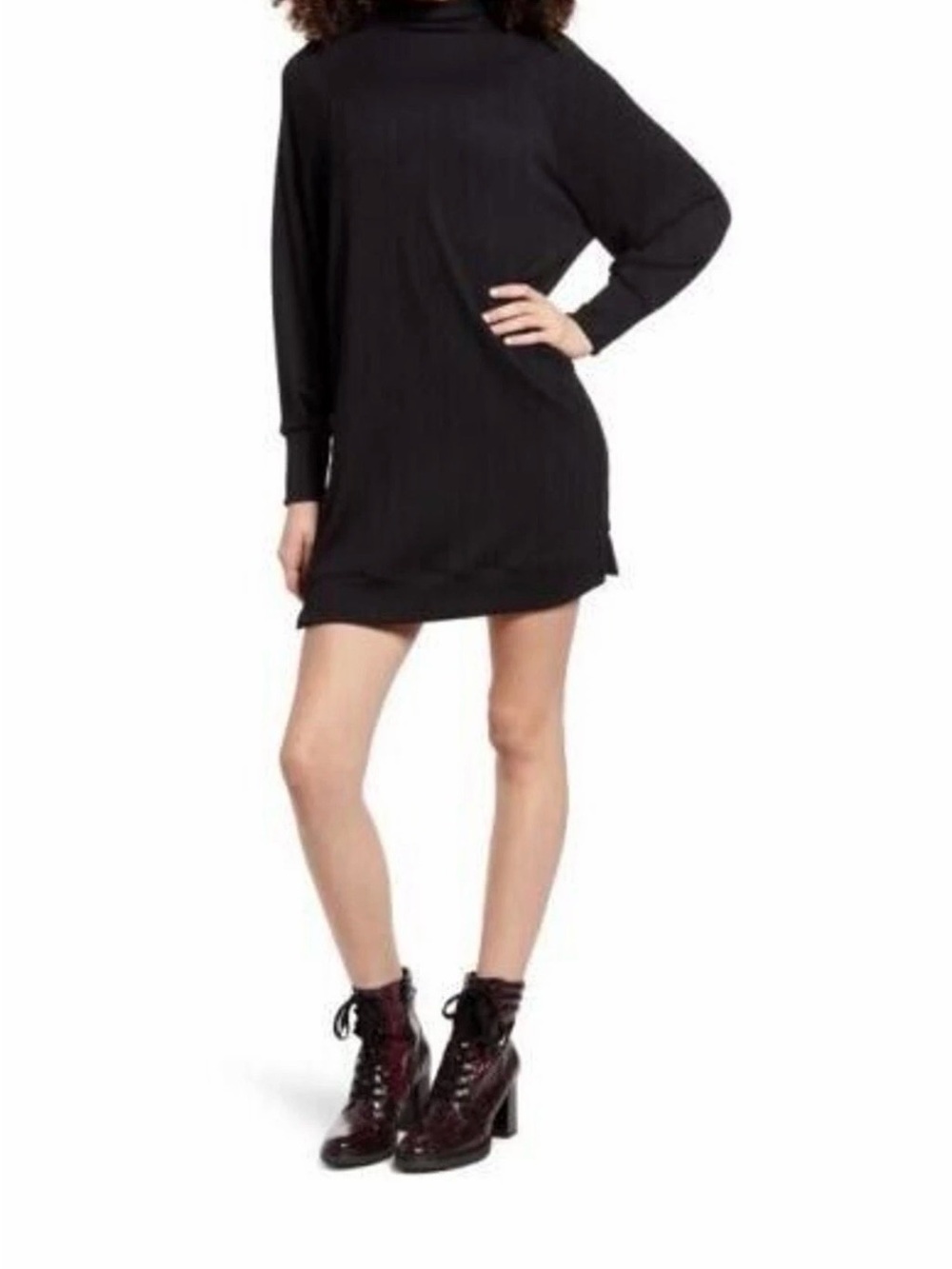 Socialite Black Textured Ribbed Knit Mock Neck Shift Dress M